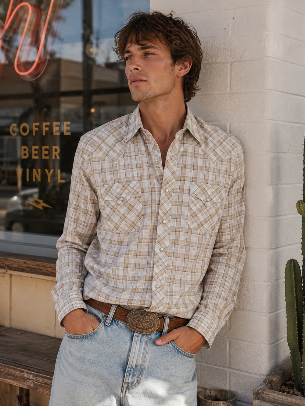 Champion Western Vintage 70s Tan Brown Plaid‎ Pearl Snap Shirt Unisex